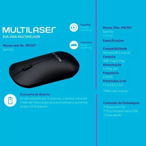 Mouse Sem Fio Multilaser MO307 Preto